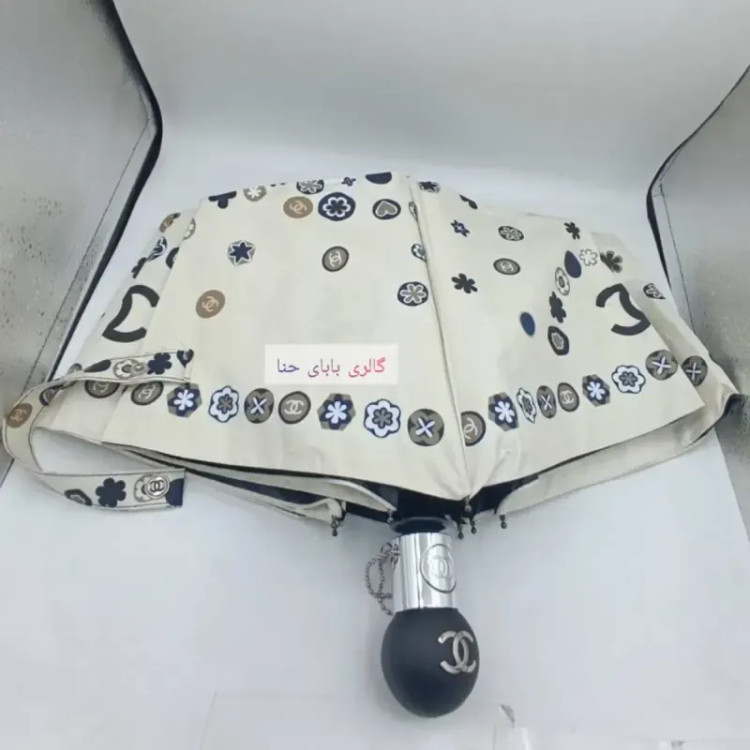 چتر اتوماتیک برند چنل CHANEL ضد باد با پارچه نانو و جعبه کادویی رنگ کرم نخودی