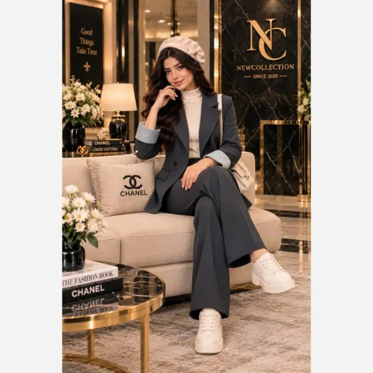کت و شلوار زنانه کتان کشی اداری و دانشجویی رنگ طوسی تیره سایز فری مناسب 38 تا 46