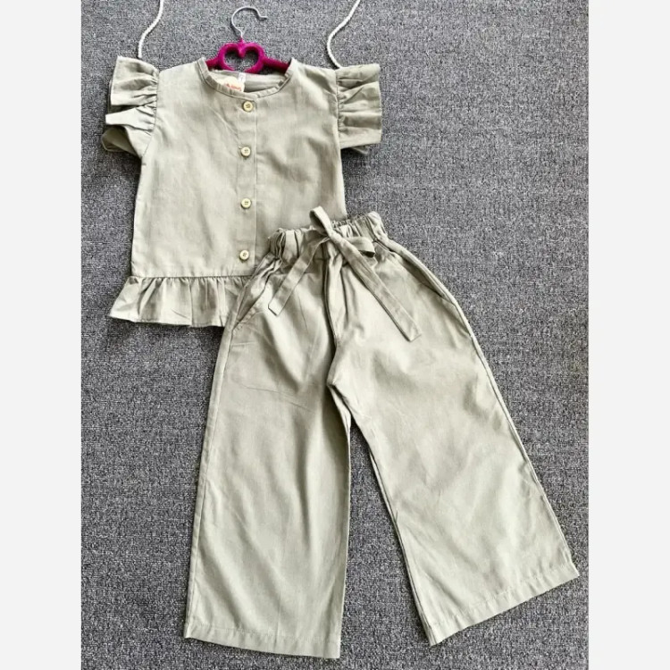 ست شومیز و شلوار آستین چیندار لینن دخترانه مدل آوا
