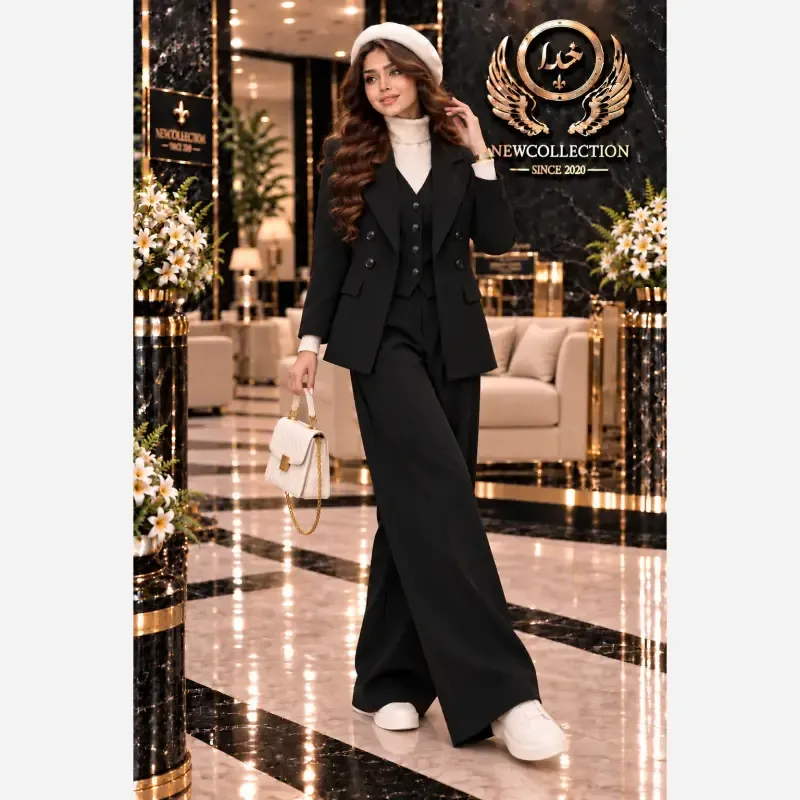 ست سه تیکه پاییزه زنانه مدل کلمبیایی جنس سوپرمازراتی اعلا رنگ مشکی و نسکافه ای فری سایز 38 تا 46