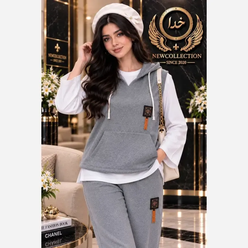 سه تیکه پاییزه زنانه جنس گلکسی اعلا رنگ طوسی سایز فری