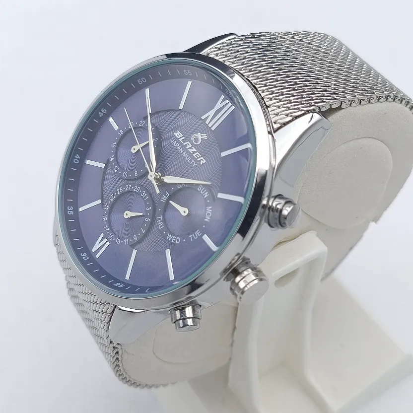 ساعت مچی مردانه بلیزر استیل صفحه سرمه ای بند حصیری موتور میوتا ژاپن فول تایم تقویم دار