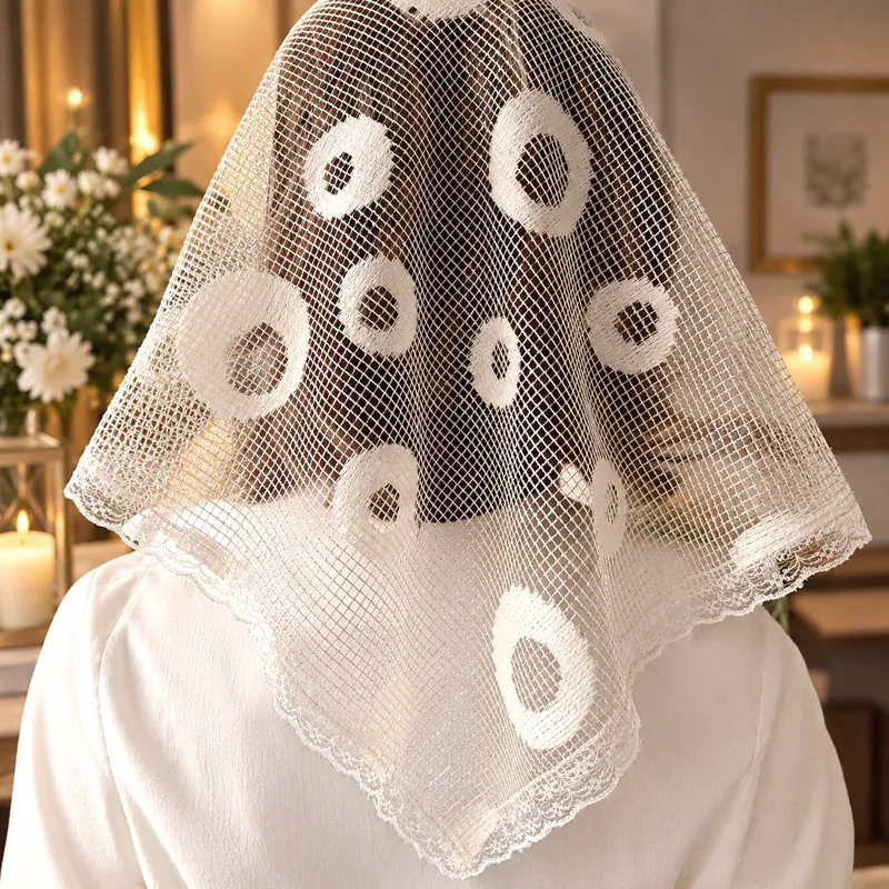 مینی اسکارف شیری سه گوش دور دانتل توری ابعاد 70 در 70 سانتی متر