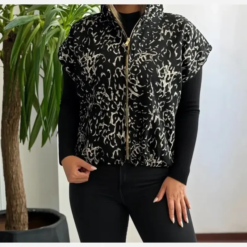 وست کلاه دار پلنگی کتان زنانه رنگ قهوهای مشکی موکا کرم سایز 38 تا 46