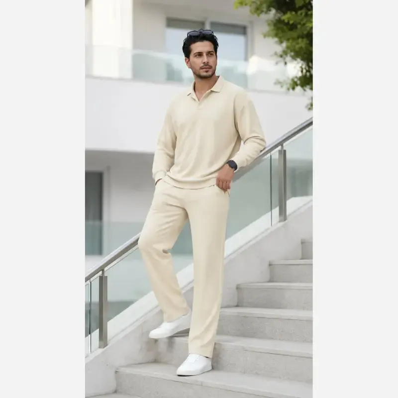 ست تیشرت یقه کوبایی و شلوار مردانه جنس کبریتی فتیله ای فری سایز رنگ بندی متنوع