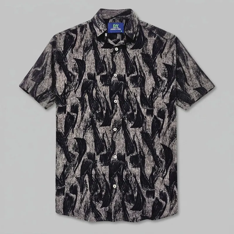 شومیز هاوایی زنانه آستین کوتاه نخی طرح هندسی یقه برگردان LW